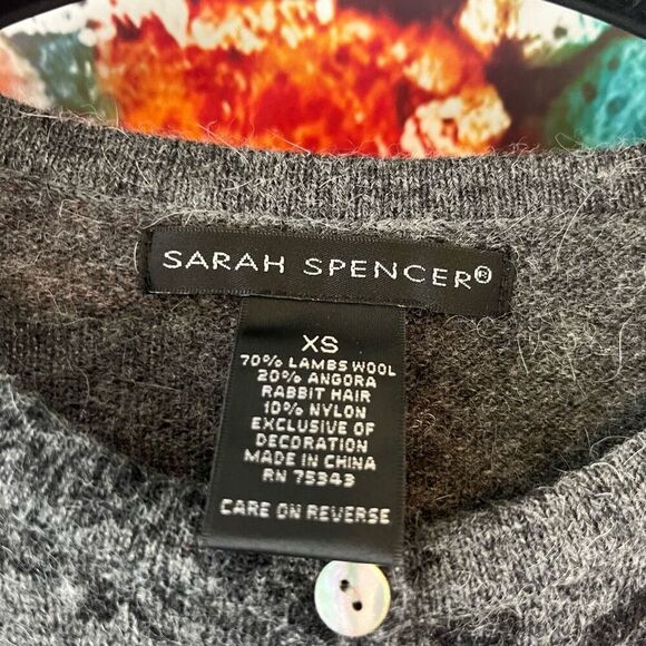 Sarah Spencer Lambs Wool Angora Gray Floral Cardigan Sweater Tie Waist Size XS - Picture 2 of 5